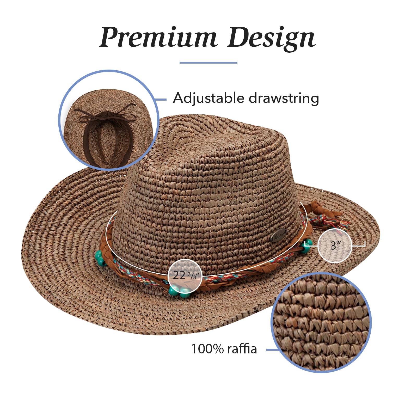 Wallaroo Women’s Catalina Cowboy (Natural) – Wide Brim, Natural Fiber, Adjustable, for Medium/Large Size, Festival Hat, Beach Hat, Sustainable Fashion, Eco-Friendly, UV Sun Protection