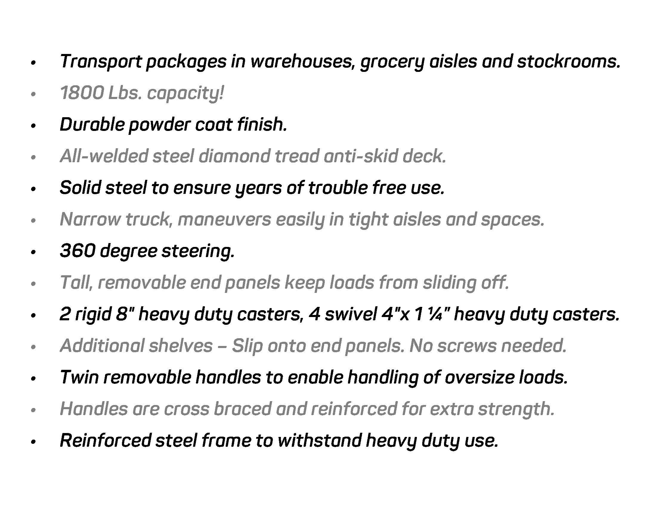 Heavy Duty, Narrow Aisle U-Boat Platform Truck Dolly, 16x60 Steel Deck, 2000 Lbs. Capacity