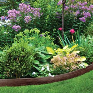 MASTER MARK Terrace Board, Landscape Coiled Edging, Grass Barrier, Bender Board, Flower Bed, Vegetable Garden Borders 5 in. x 40 ft. with 10 Stakes (Brown)