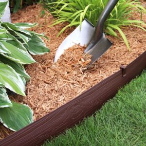 MASTER MARK Terrace Board, Landscape Coiled Edging, Grass Barrier, Bender Board, Flower Bed, Vegetable Garden Borders 5 in. x 40 ft. with 10 Stakes (Brown)