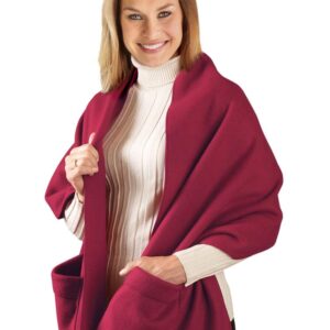 Collections Etc Cozy Fleece Wrap Shawl With Large Front Pockets - Keeps Hands and Shoulders Warm During Cold Winter Season, Burgundy