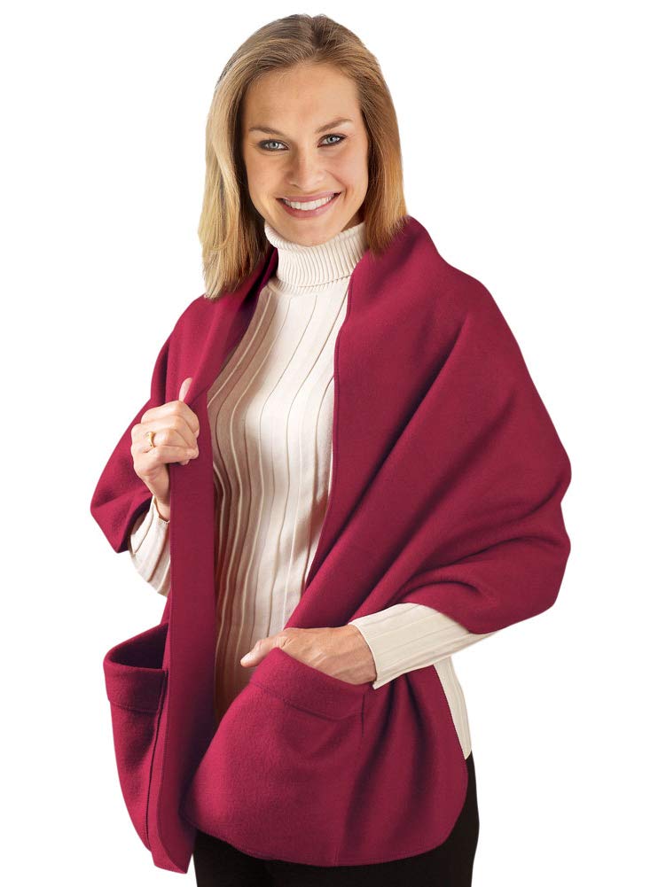 Collections Etc Cozy Fleece Wrap Shawl With Large Front Pockets - Keeps Hands and Shoulders Warm During Cold Winter Season, Burgundy