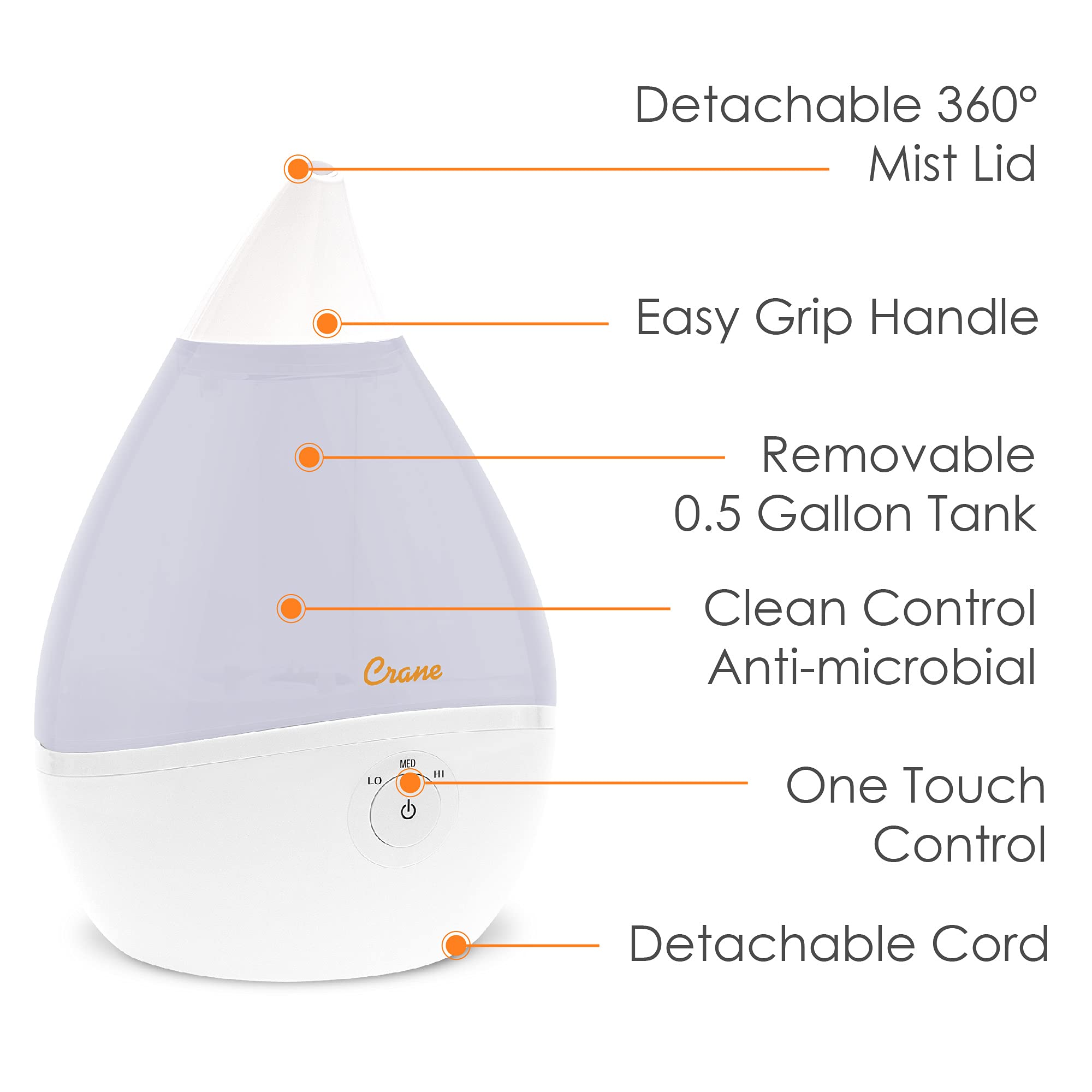 Crane Droplet Ultrasonic Small Air Humidifiers for Bedroom and Office, 0.5 Gallon Cool Mist Humidifier for Plants and Home, Humidifier Filters Optional, White