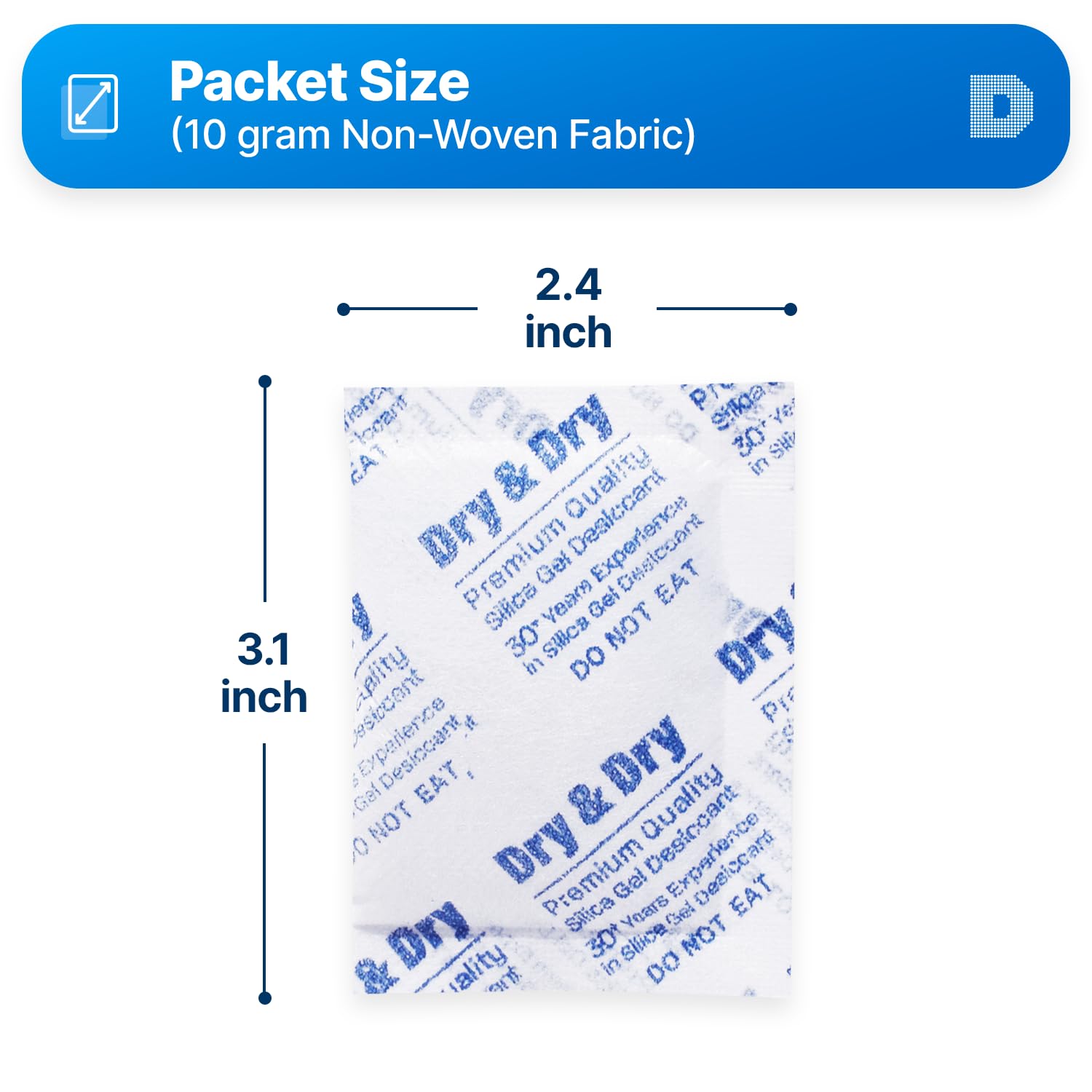 Dry & Dry 10 Gram [100 Packets] Silica Gel Packets, Desiccants - Rechargeable Fabric Silica Gel Packs, Silica Gel, Silica Packets, Desiccant Packs for Storage