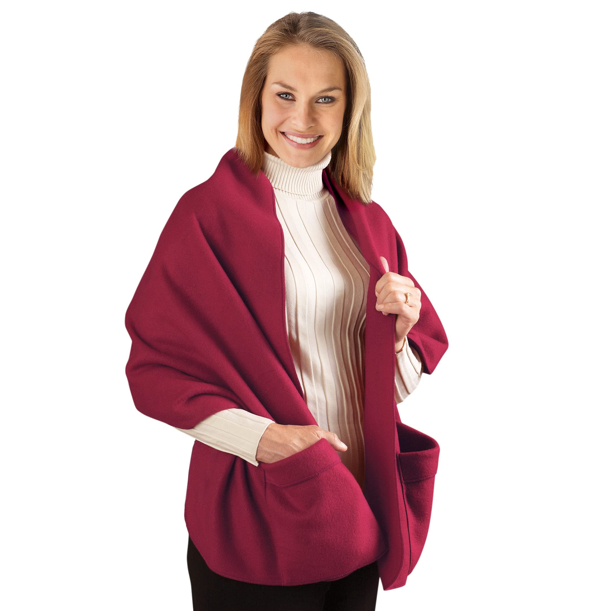 Collections Etc Cozy Fleece Wrap Shawl With Large Front Pockets - Keeps Hands and Shoulders Warm During Cold Winter Season, Burgundy