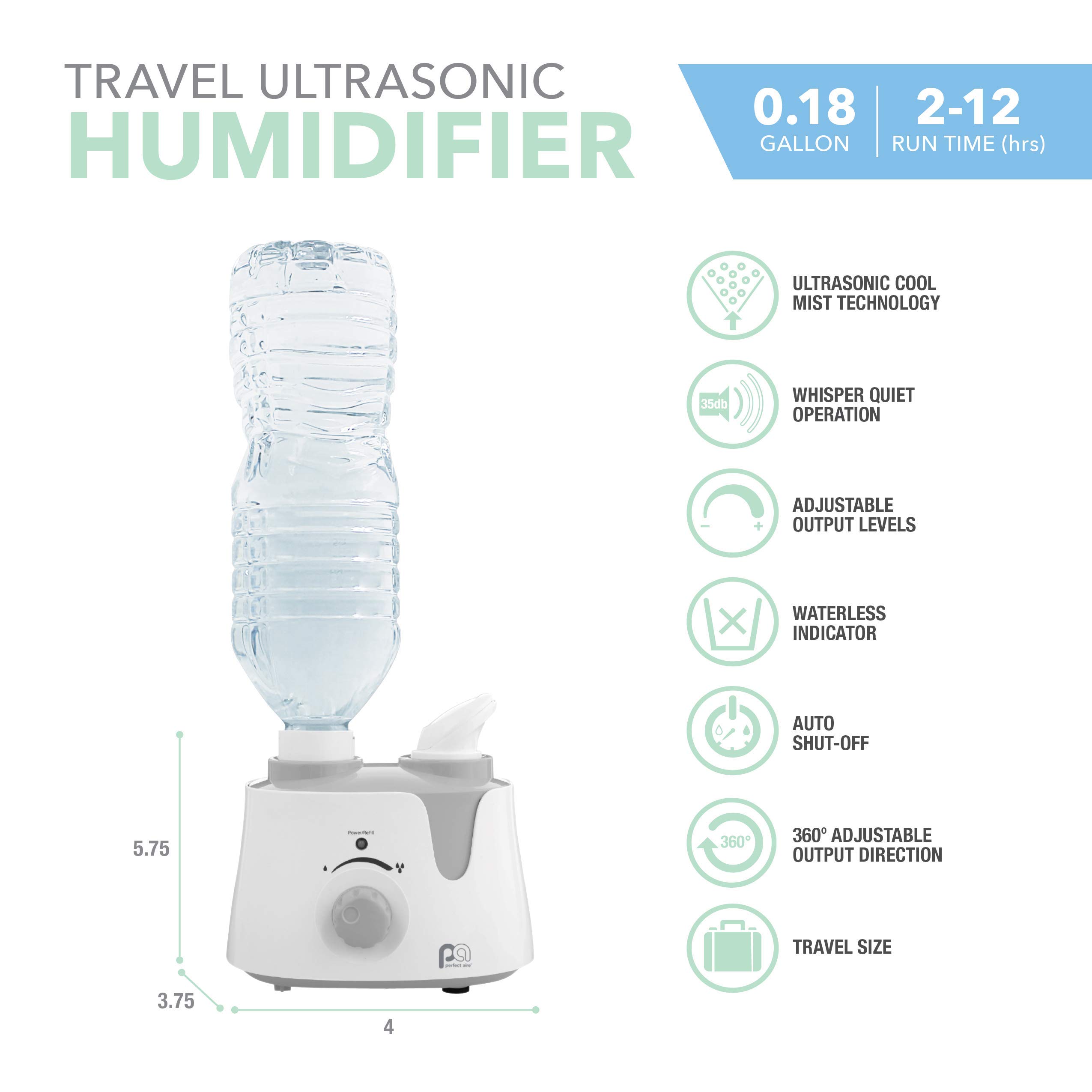 PerfectAire PAU1 Personal Ultrasonic Cool Mist Humidifier with Water Bottle Adapter for Small Rooms, Travel, Offices and Dorms, Ultra-Quiet Operation, No Filters to Change, White