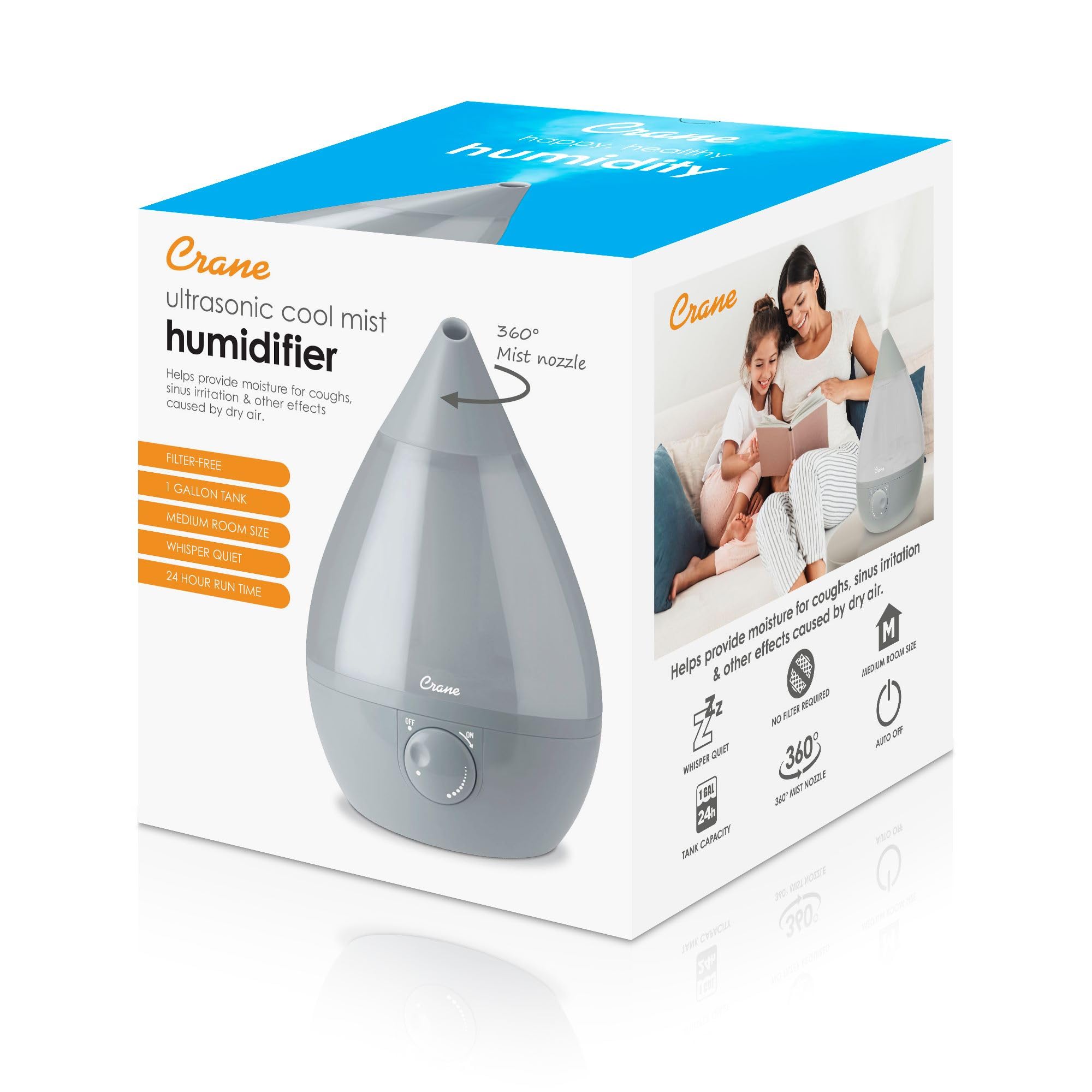 Crane Ultrasonic Cool Mist Humidifier for Bedroom, Baby Nursery, Kids Room, Plants, or Office, Large 1 Gallon Tank, Filter Optional, Grey