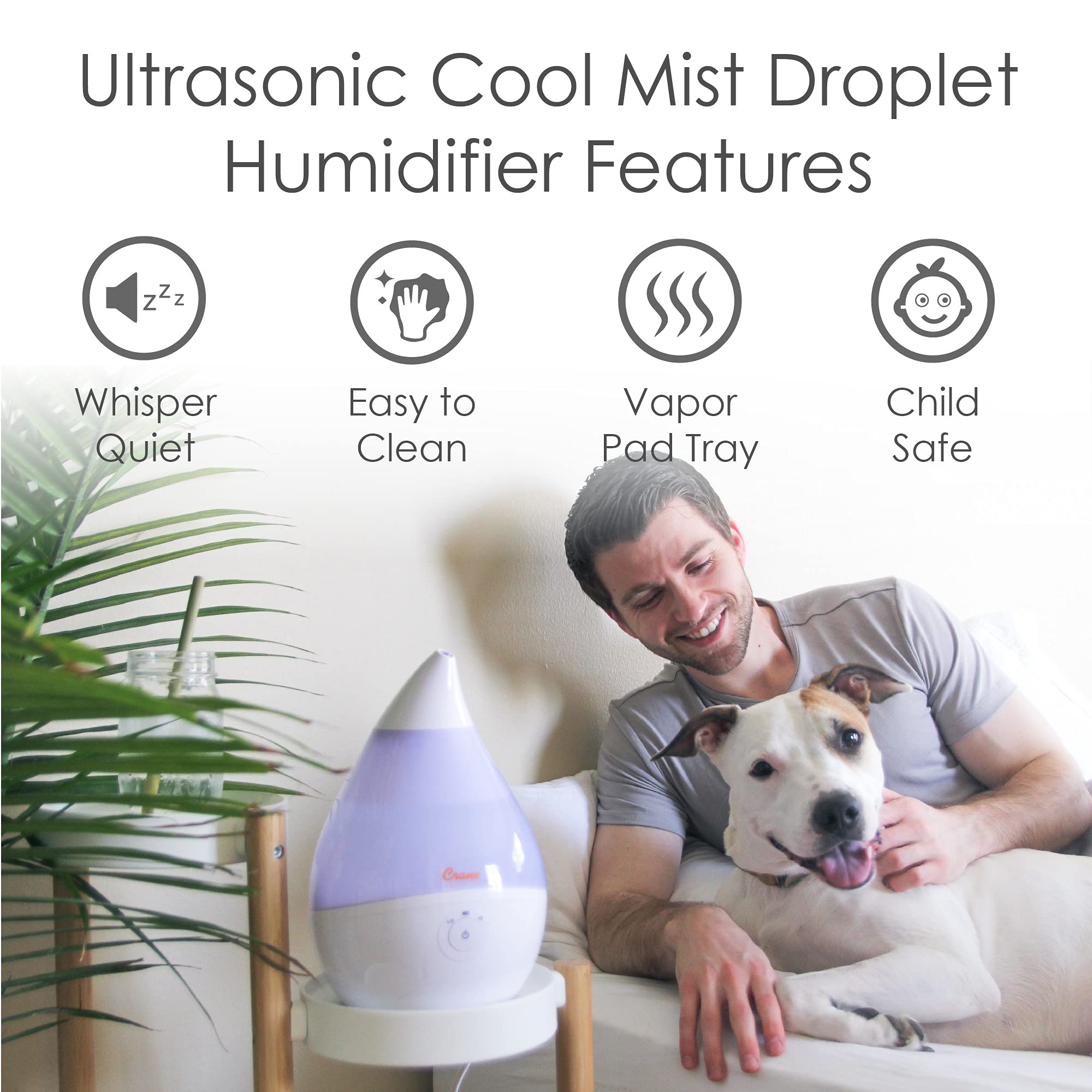 Crane Droplet Ultrasonic Small Air Humidifiers for Bedroom and Office, 0.5 Gallon Cool Mist Humidifier for Plants and Home, Humidifier Filters Optional, White