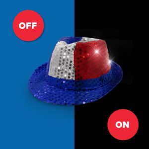 Fun Central LED Light Up Sequin Fedora Hats for Men & Women - Blue (LED, Red/White/Blue)