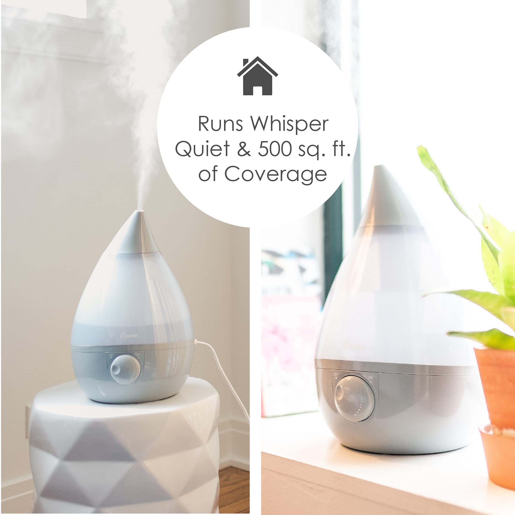 Crane Ultrasonic Cool Mist Humidifier for Bedroom, Baby Nursery, Kids Room, Plants, or Office, Large 1 Gallon Tank, Filter Optional, Grey