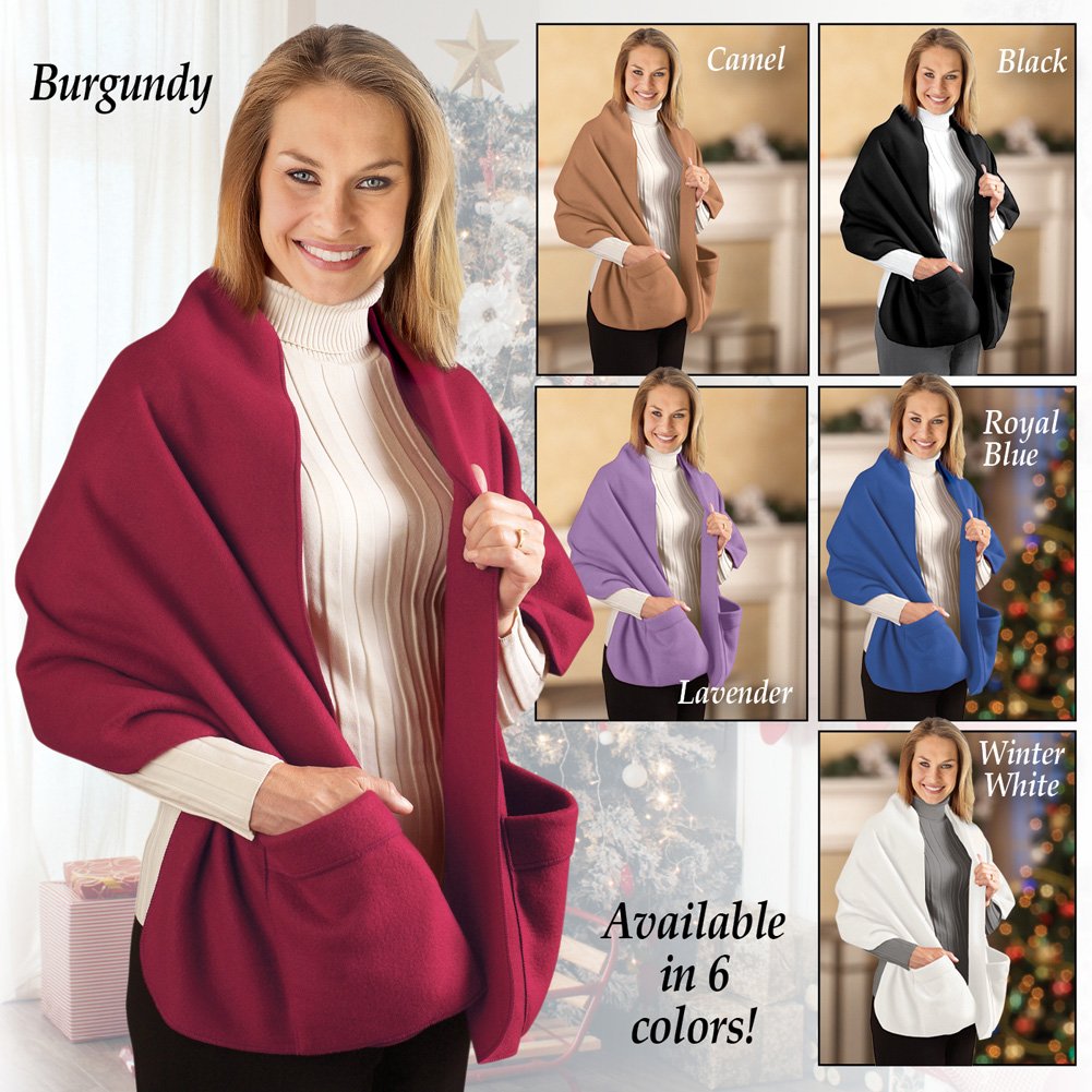 Collections Etc Cozy Fleece Wrap Shawl With Large Front Pockets - Keeps Hands and Shoulders Warm During Cold Winter Season, Burgundy