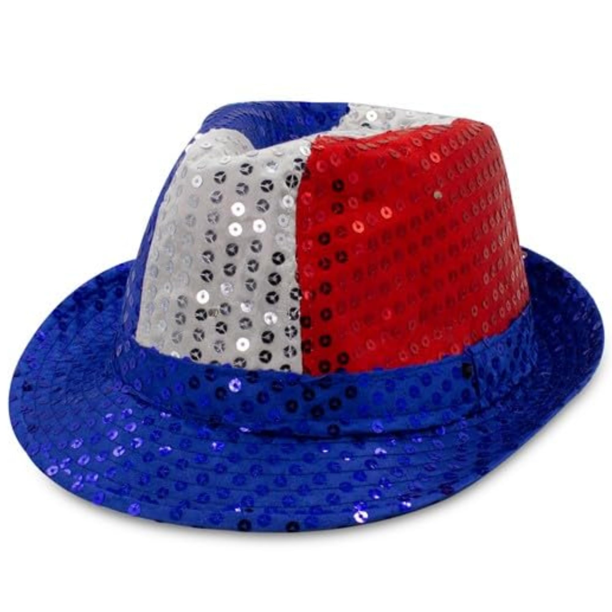 Fun Central LED Light Up Sequin Fedora Hats for Men & Women - Blue (LED, Red/White/Blue)