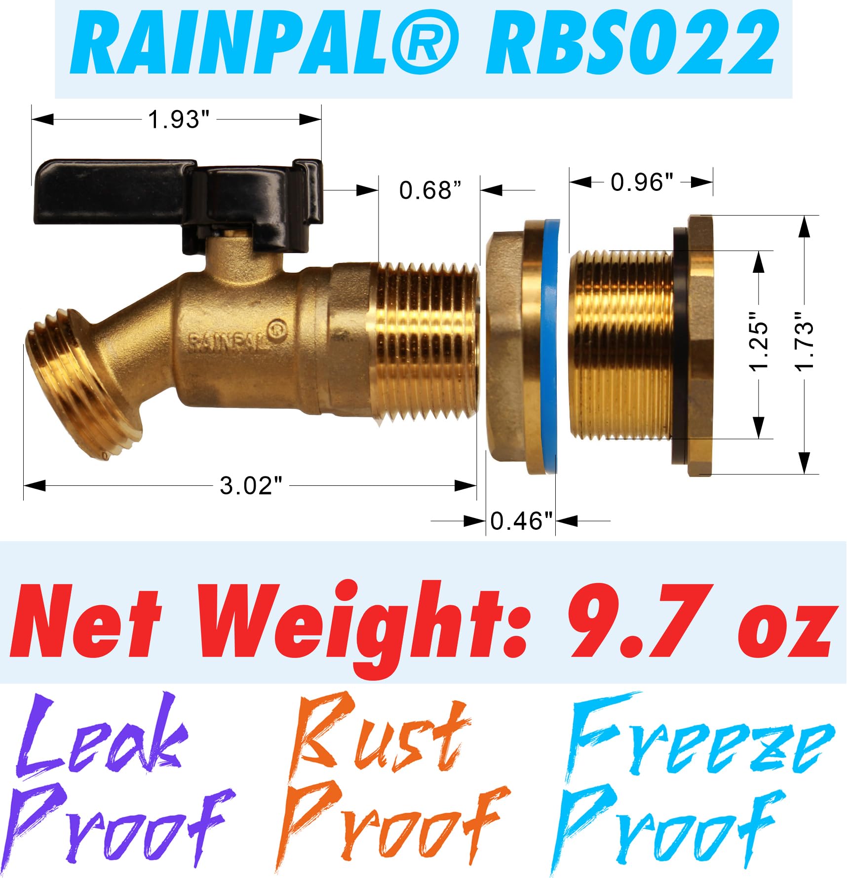 RAINPAL RBS022 Brass Rain Barrel Spigot(3/4" Quarter Turn Ball Valve w/ Bulkhead Fitting and Thread Tape)