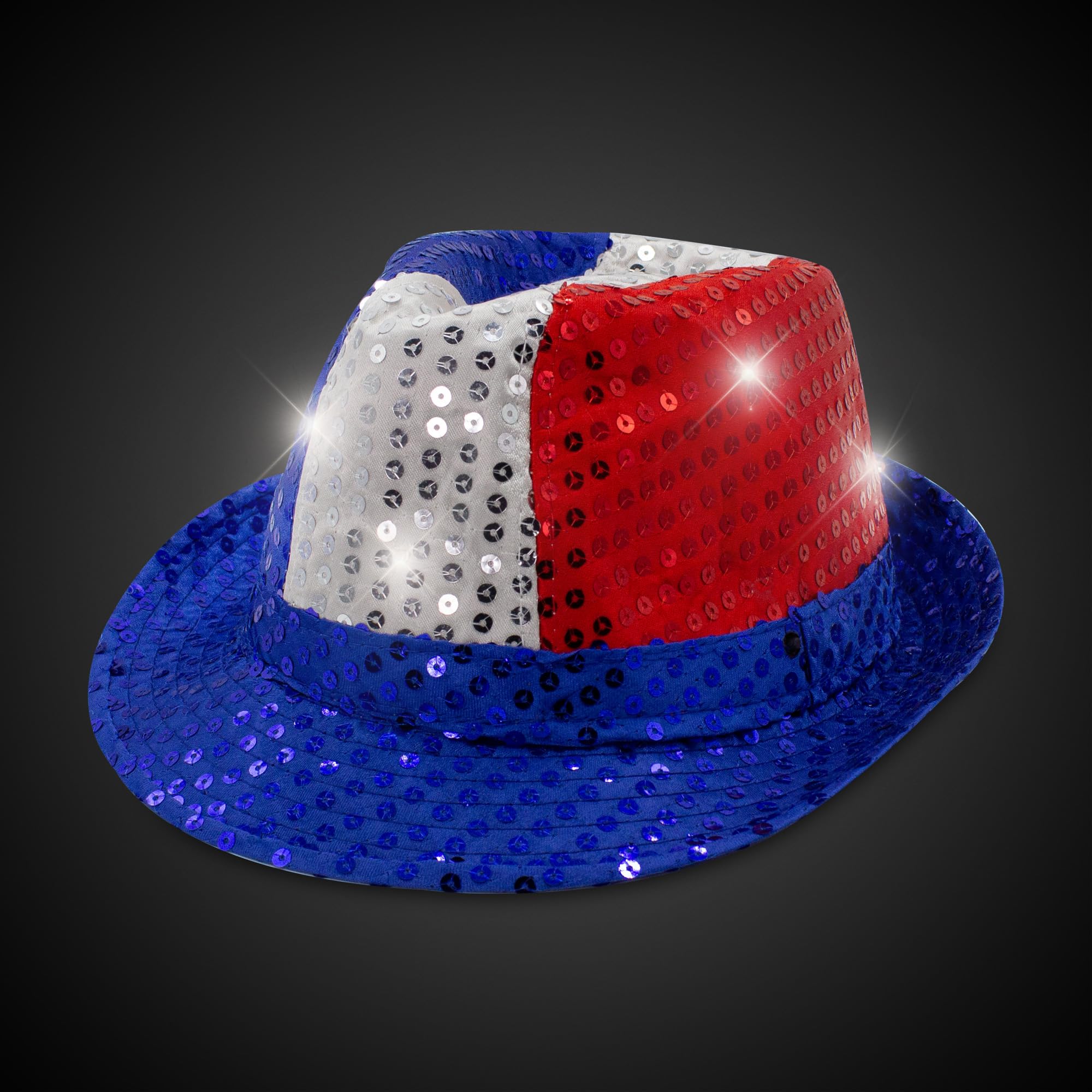 Fun Central LED Light Up Sequin Fedora Hats for Men & Women - Blue (LED, Red/White/Blue)