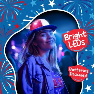 Fun Central LED Light Up Sequin Fedora Hats for Men & Women - Blue (LED, Red/White/Blue)