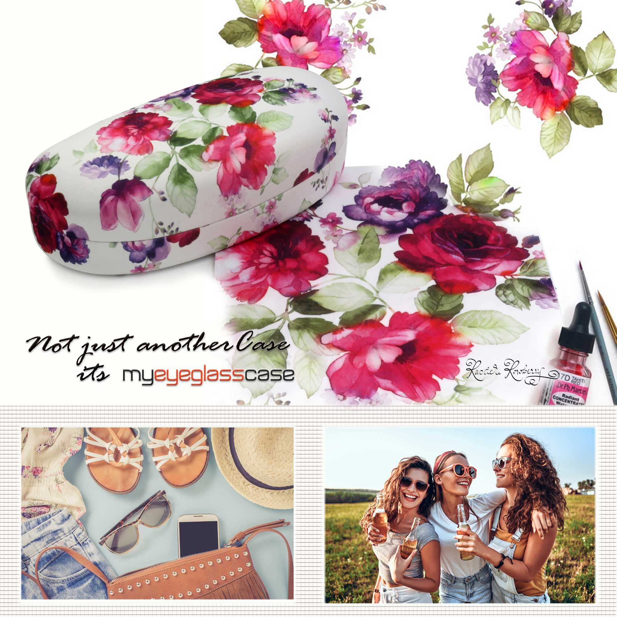 MyEyeglassCase Women Floral Sunglasses case - Hard Glasses Holder - Eyeglass Case Metal Hard shell in watercolor print for Medium - Large frames, with drawstring Pouch & Cloth (AS113 Cranberry Rose)