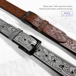 BS220 Western Floral Engraved Embossed Tooled Genuine Leather Belt Strap w/Snaps 1 1/2" Wide (Brown, 36)