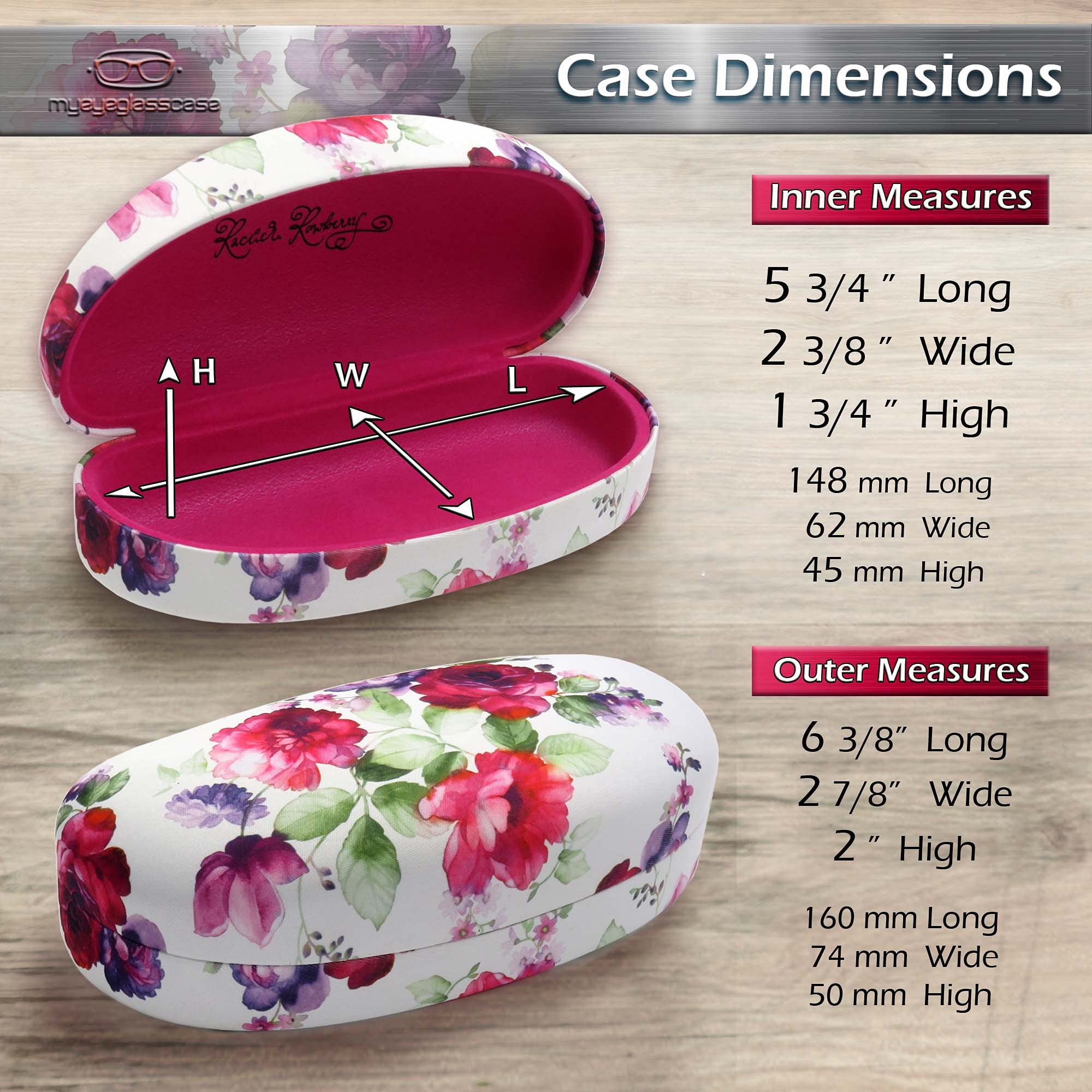 MyEyeglassCase Women Floral Sunglasses case - Hard Glasses Holder - Eyeglass Case Metal Hard shell in watercolor print for Medium - Large frames, with drawstring Pouch & Cloth (AS113 Cranberry Rose)