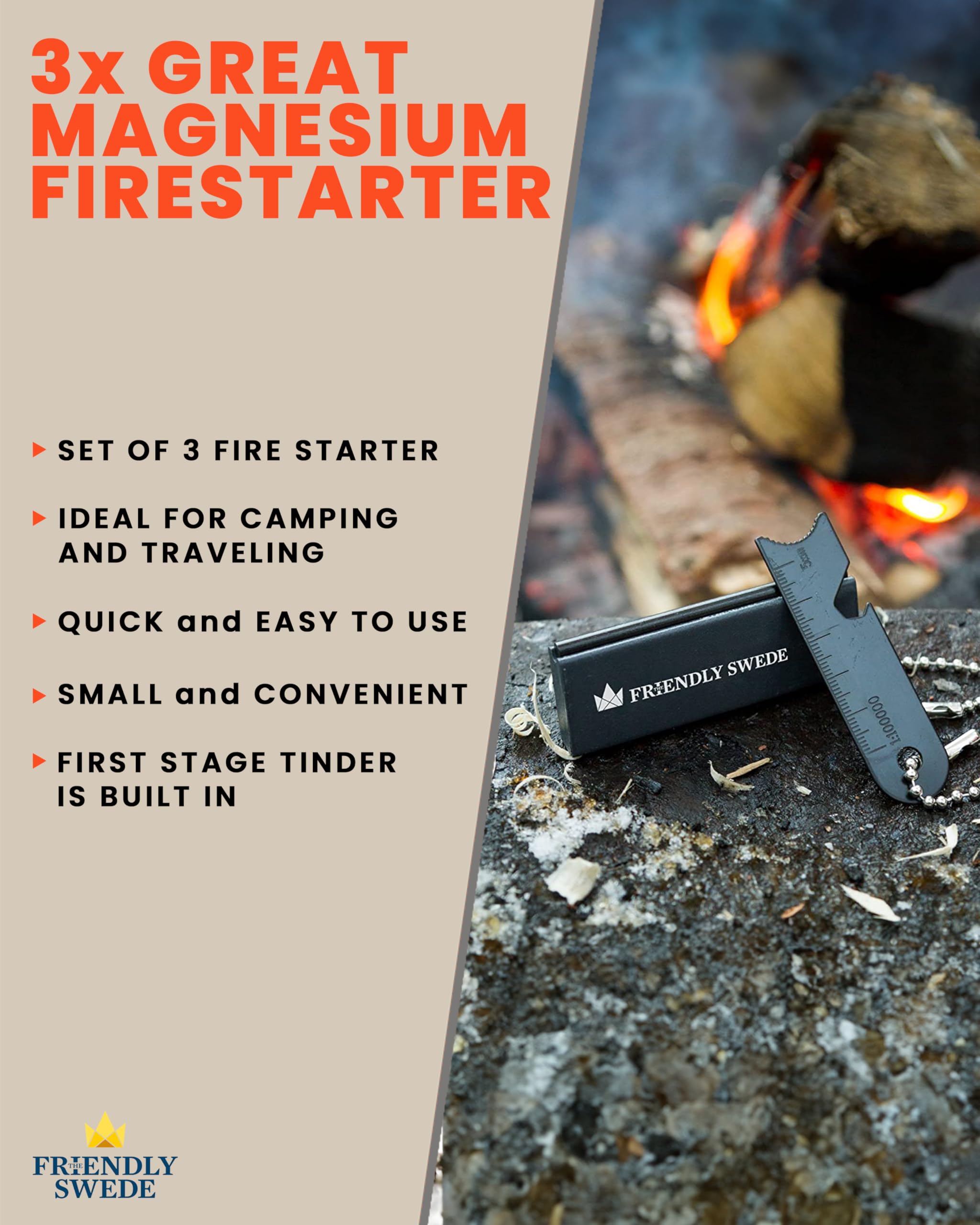 The Friendly Swede Magnesium Fire Starter Kit - Firestarter, Flint and Steel Fire Starter Kit, Flint Fire Starter Survival Tool, Camping Fire Starter, Fire Steel, Flint Striker, Fire Striker (3 Pack)