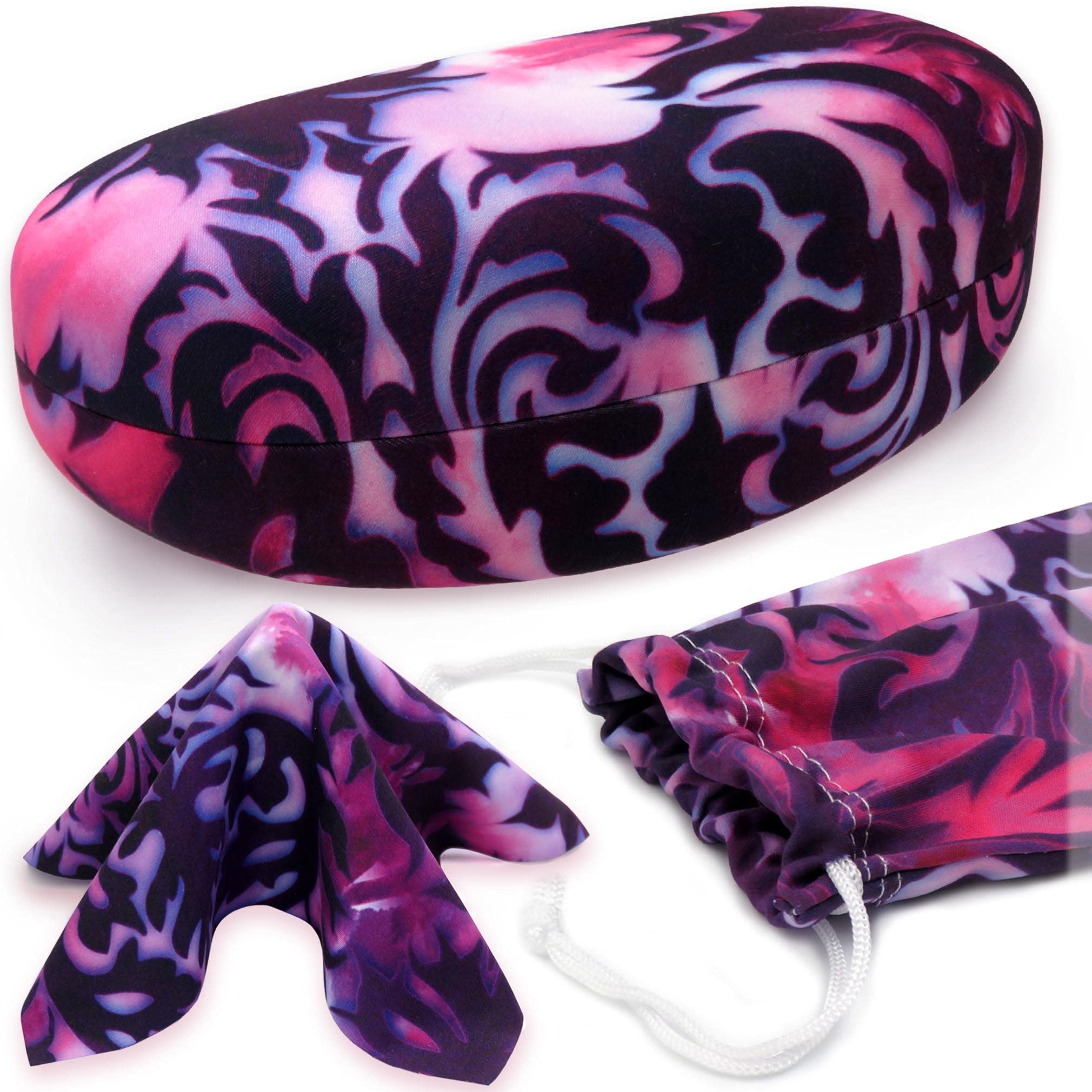 Large Hard Sunglasses Case | Glasses case holder with Drawstring pouch and cleaning Cloth | Eyeglass Case Hard Shell for Large Sunglasses Frames (AS413 Purple Damask)