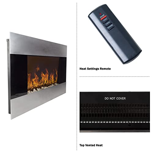 Northwest Electric Fireplace - 36 Inch Wall Mounted Fireplace Heater with Remote Control Adjustable LED Flame Brightness and Heat (Silver)