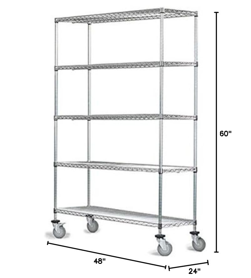 Omega 24" Deep x 48" Wide x 60" High 5 Tier Chrome Wire Shelf Truck with 800 lb Capacity