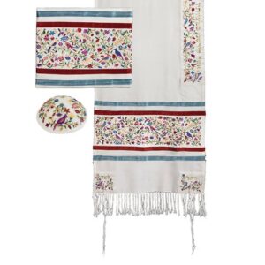 tallit prayer shawl gadol + bag + kippah + atara set - yair emanuel embroidered multicolor branches & birds (bundle)