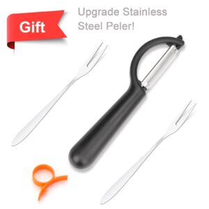 4.72 Inch 12 Super Sharp Stainless Steel Blades Apple Slicer, Corer and Divider, 1 Super Sharp Stainless Steel Peeler, 2 Stainless Steel Fruit Forks and 1 Orange Citrus Peeler Tool, Red