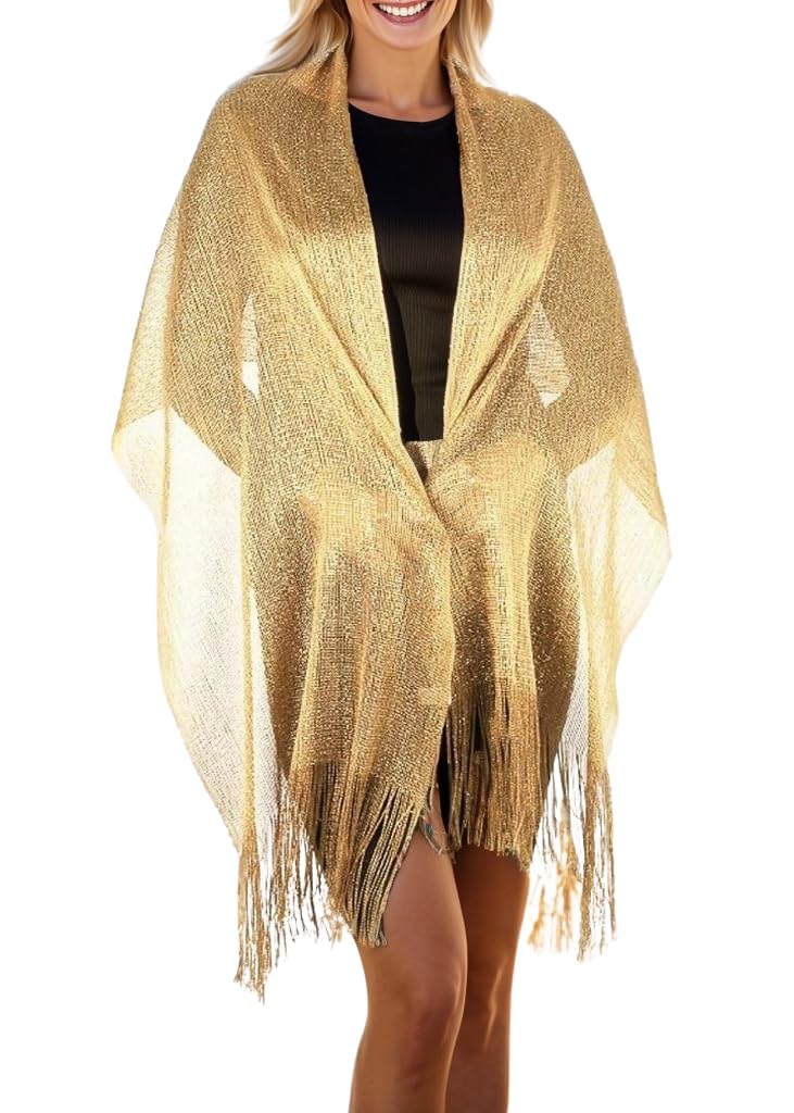 Fashion21 Women's Two Tone Modern Metallic Fishnet Acrylic Party Shawl Fringe Lurex Scarf (Gold/Gold)