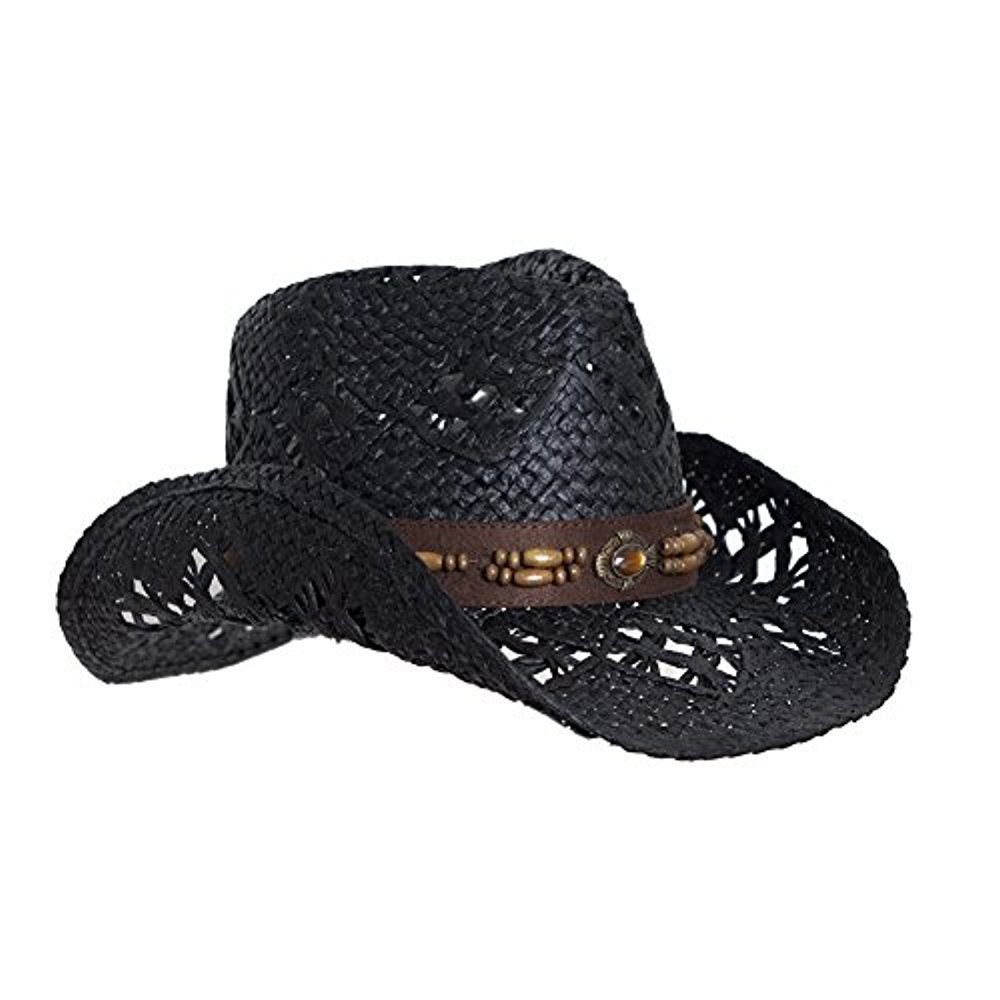 Vamuss Straw Cowboy Hat W/Vegan Leather Band & Beads, Shapeable Brim (Black)