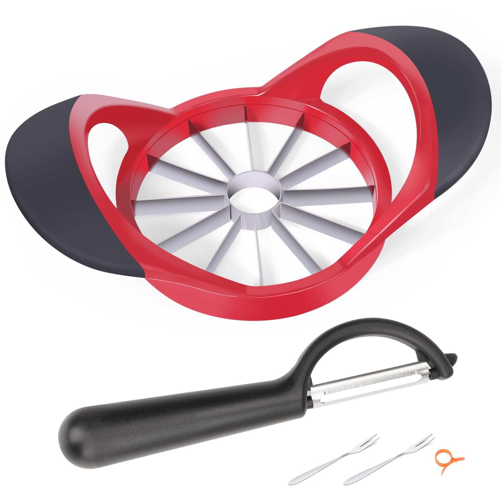 4.72 Inch 12 Super Sharp Stainless Steel Blades Apple Slicer, Corer and Divider, 1 Super Sharp Stainless Steel Peeler, 2 Stainless Steel Fruit Forks and 1 Orange Citrus Peeler Tool, Red