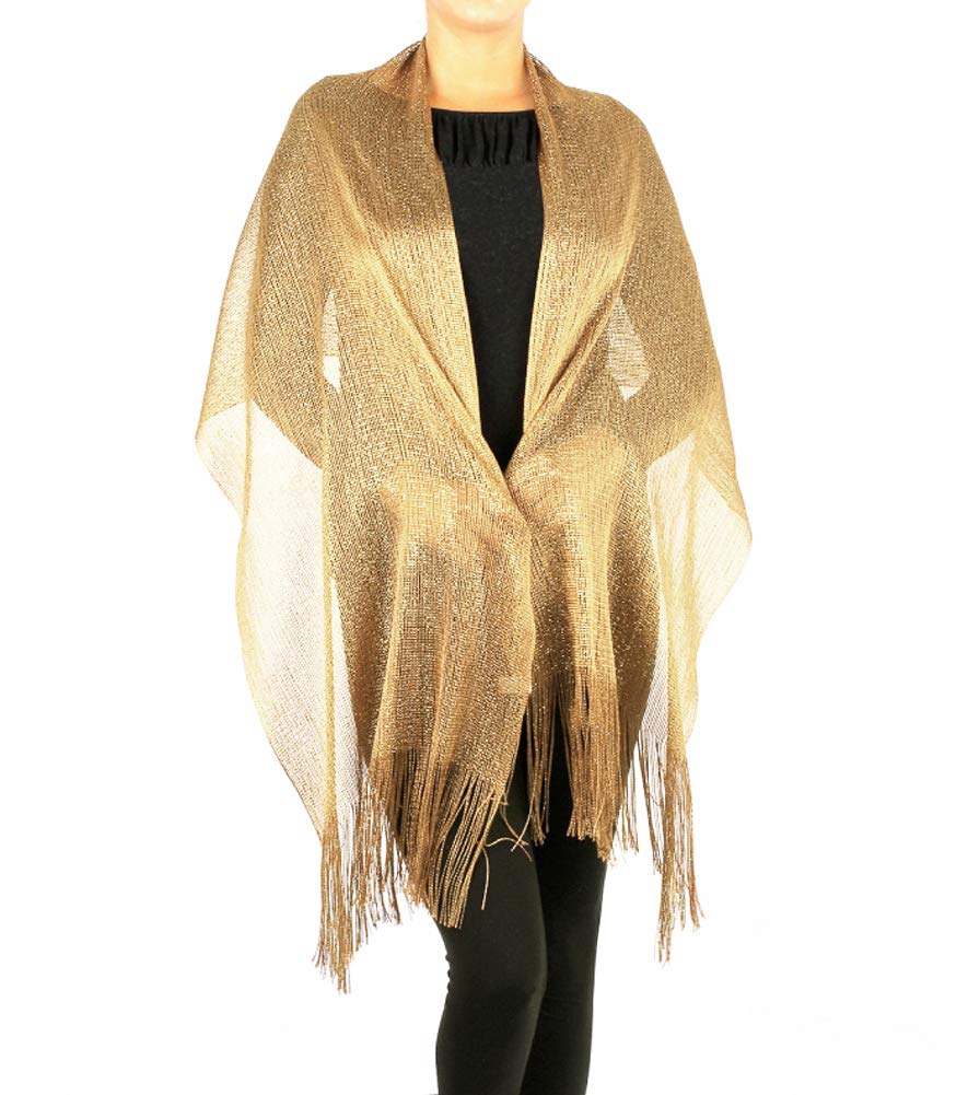 Fashion21 Women's Two Tone Modern Metallic Fishnet Acrylic Party Shawl Fringe Lurex Scarf (Gold/Gold)