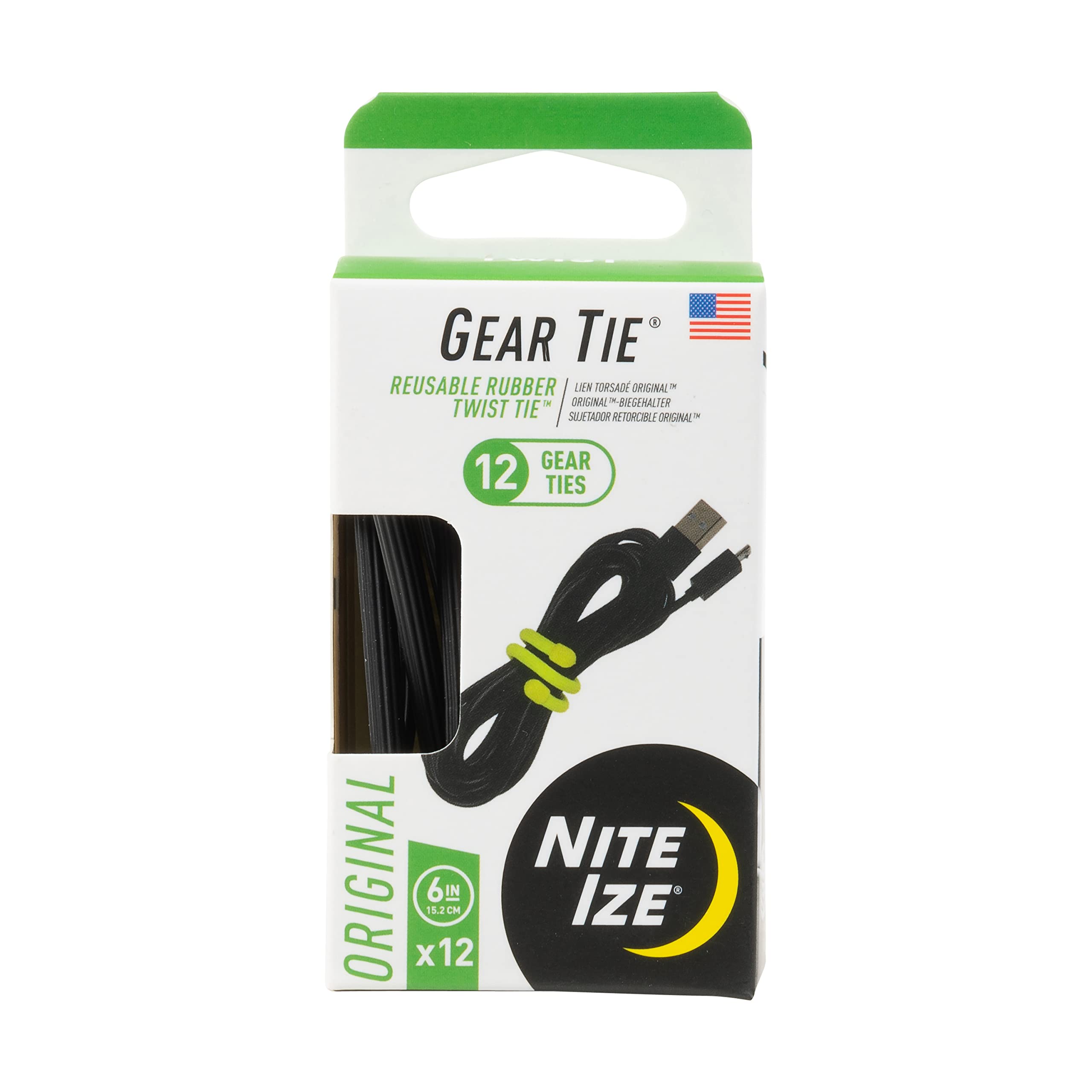 Nite Ize Original Gear Tie - 6-Inch Reusable Rubber Twist Tie - Reusable Gear Ties - Electric Cord Organizers - Twist Ties for Cords - Reusable Zip Ties - Black, 6-Inch, 12 Pack