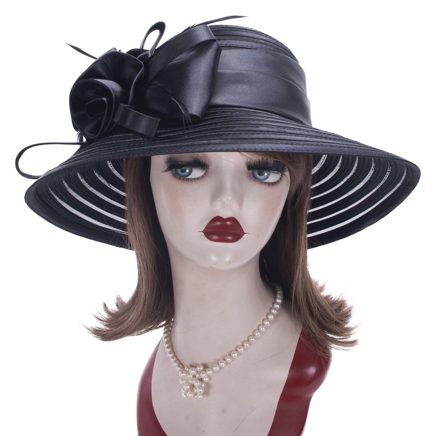 Womens Satin Church Wedding Occasion Sun Hat A214 (Black)