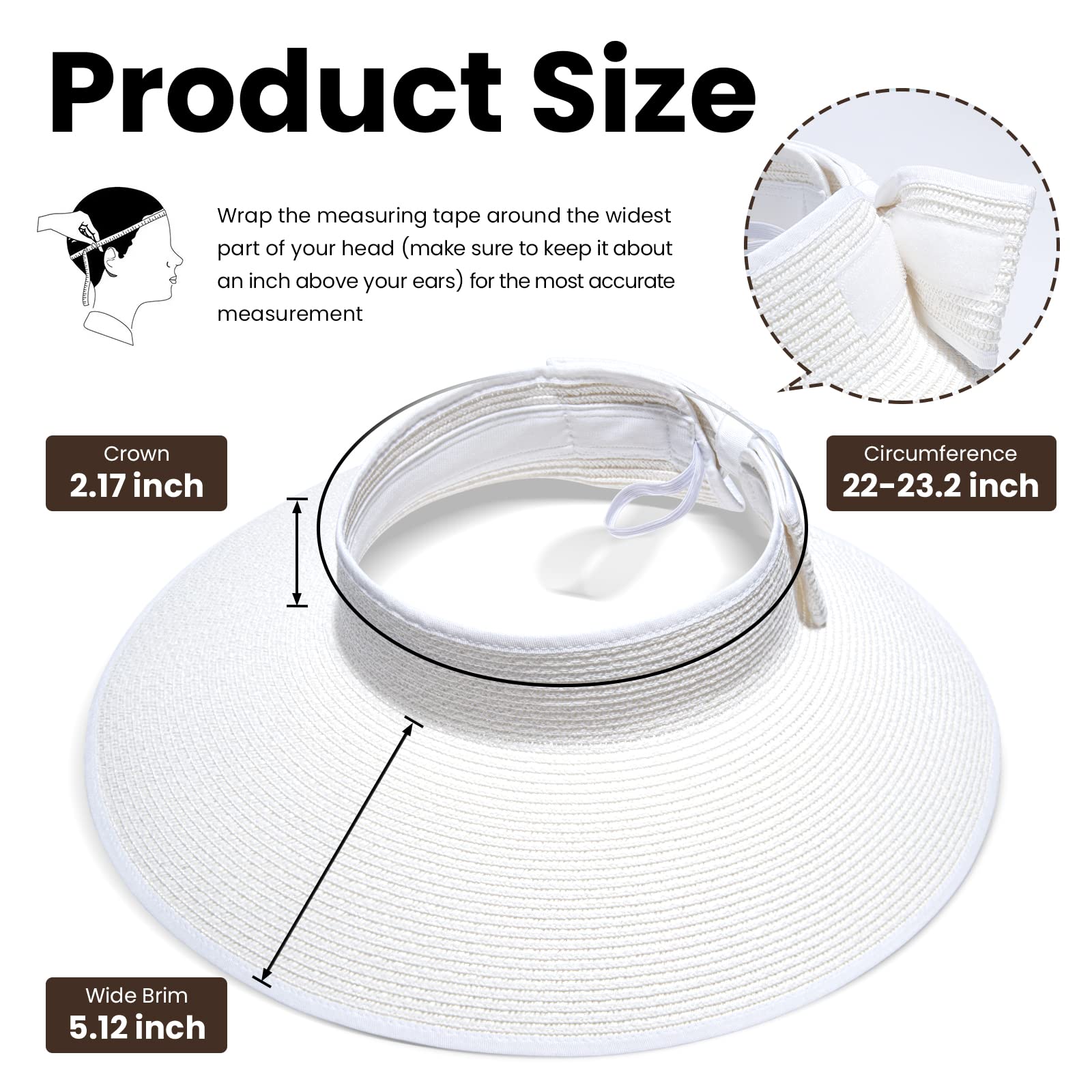 Simplicity Women's Wide Brim Straw Sun Visor Hat Roll Up Straw White Sun Hat for Women