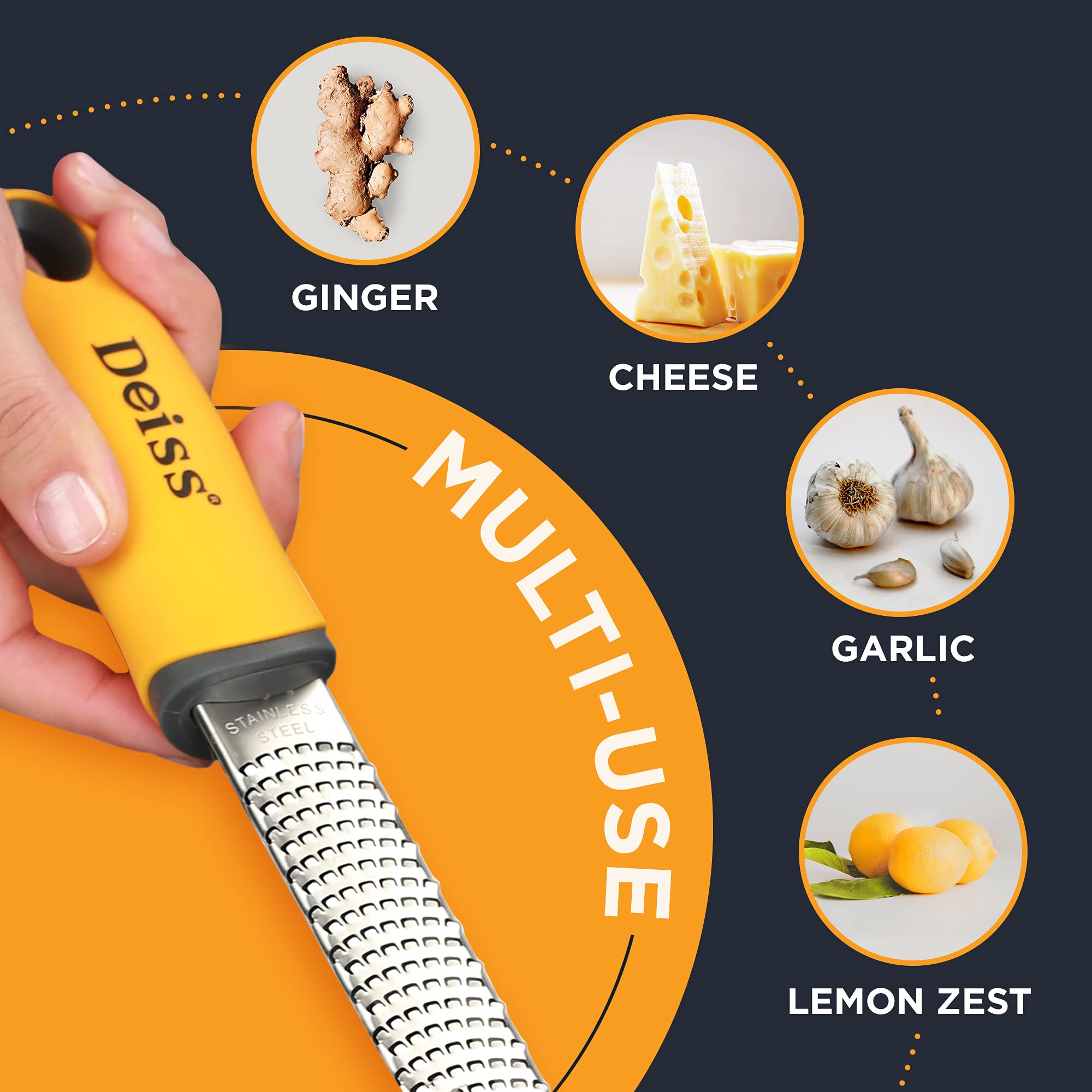 Deiss PRO Citrus Zester & Cheese Grater — Parmesan Cheese Lemon, Ginger, Garlic, Nutmeg, Chocolate, Vegetables, Fruits - Razor-Sharp Stainless Steel Blade, Wide, Dishwasher Safe