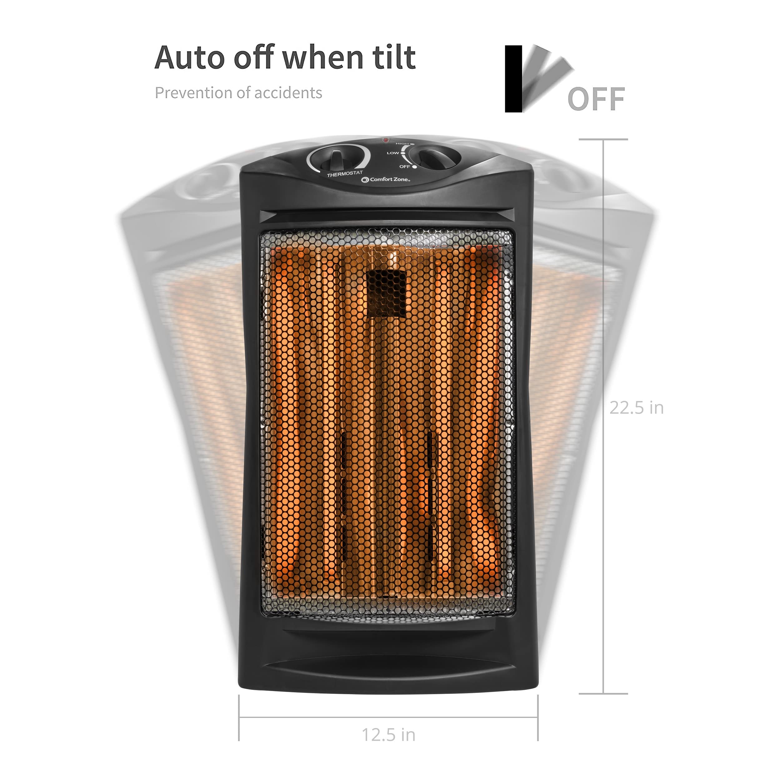 Comfort Zone Indoor Tower Space Heater, Adjustable Thermostat, Radiant Heat, Electric, Infrared Quartz, 2 Heat Settings, Overheat Protection, Ideal for Home, Bedroom, & Office, 1,500W, CZQTV007BK