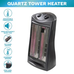 Comfort Zone Indoor Tower Space Heater, Adjustable Thermostat, Radiant Heat, Electric, Infrared Quartz, 2 Heat Settings, Overheat Protection, Ideal for Home, Bedroom, & Office, 1,500W, CZQTV007BK