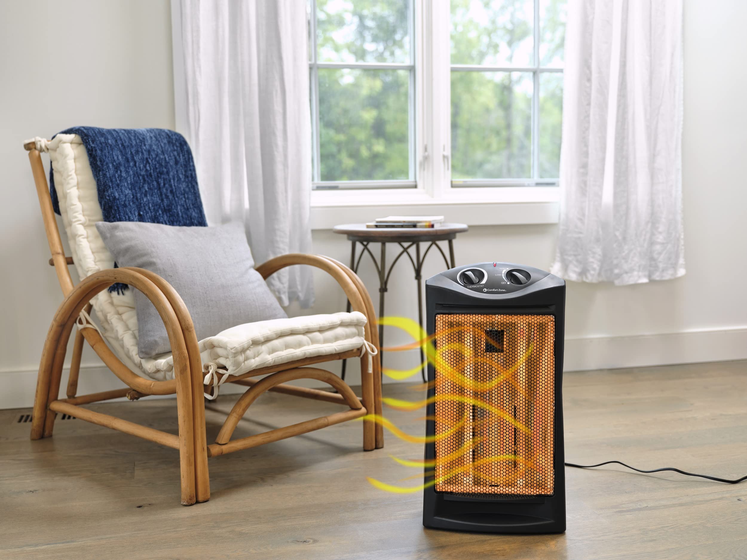 Comfort Zone Indoor Tower Space Heater, Adjustable Thermostat, Radiant Heat, Electric, Infrared Quartz, 2 Heat Settings, Overheat Protection, Ideal for Home, Bedroom, & Office, 1,500W, CZQTV007BK