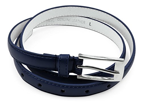 Belle Donne Women Skinny PU Leather Dress Belts Womens Belt with Silver Polished Buckle Women's Belts, Navy Blue Belts for Women Medium