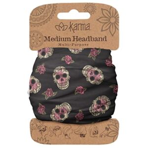 karma sugar skull headband for women - medium - fabric headband and stretchy hair scarf - black