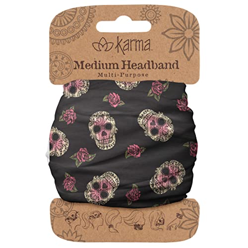 Karma Sugar Skull Headband for Women - Medium - Fabric Headband and Stretchy Hair Scarf - Black