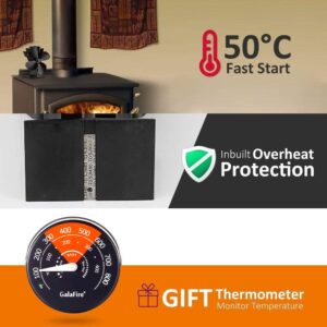 GALAFIRE 4-Blades Heat Powered Wood Stove Fan + Magnetic Thermometer, 122°F Start Non Electric Eco Fireplace Fan for Gas/Pellet/Log/Wood Burning Stoves, Silent Operation, 2-Years, N429, Black