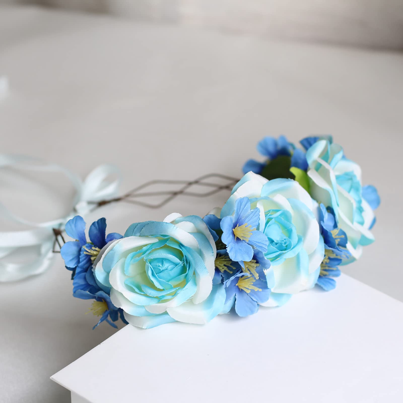 Vivivalue Rose Flower Crown Boho Flower Headband Hair Wreath Floral Headpiece Halo with Ribbon Wedding Party Festival Photos Blue