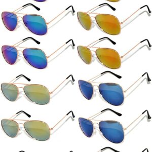 OWL Wholesale 12 Pack Aviator Gold Frame Sunglasses Full Color Mirror Lens Blue, Blue-Green, Red, Yellow UV400