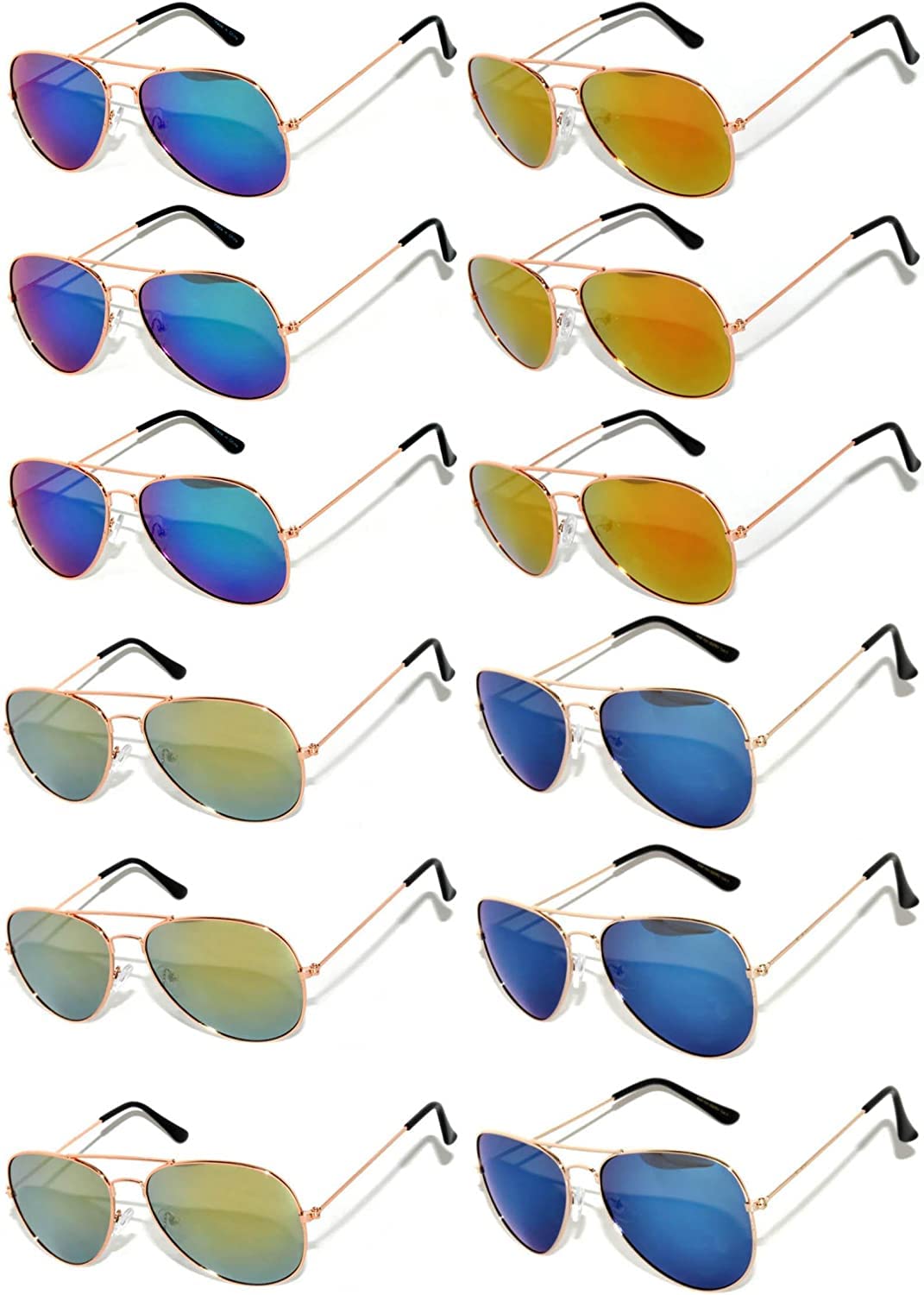 OWL Wholesale 12 Pack Aviator Gold Frame Sunglasses Full Color Mirror Lens Blue, Blue-Green, Red, Yellow UV400