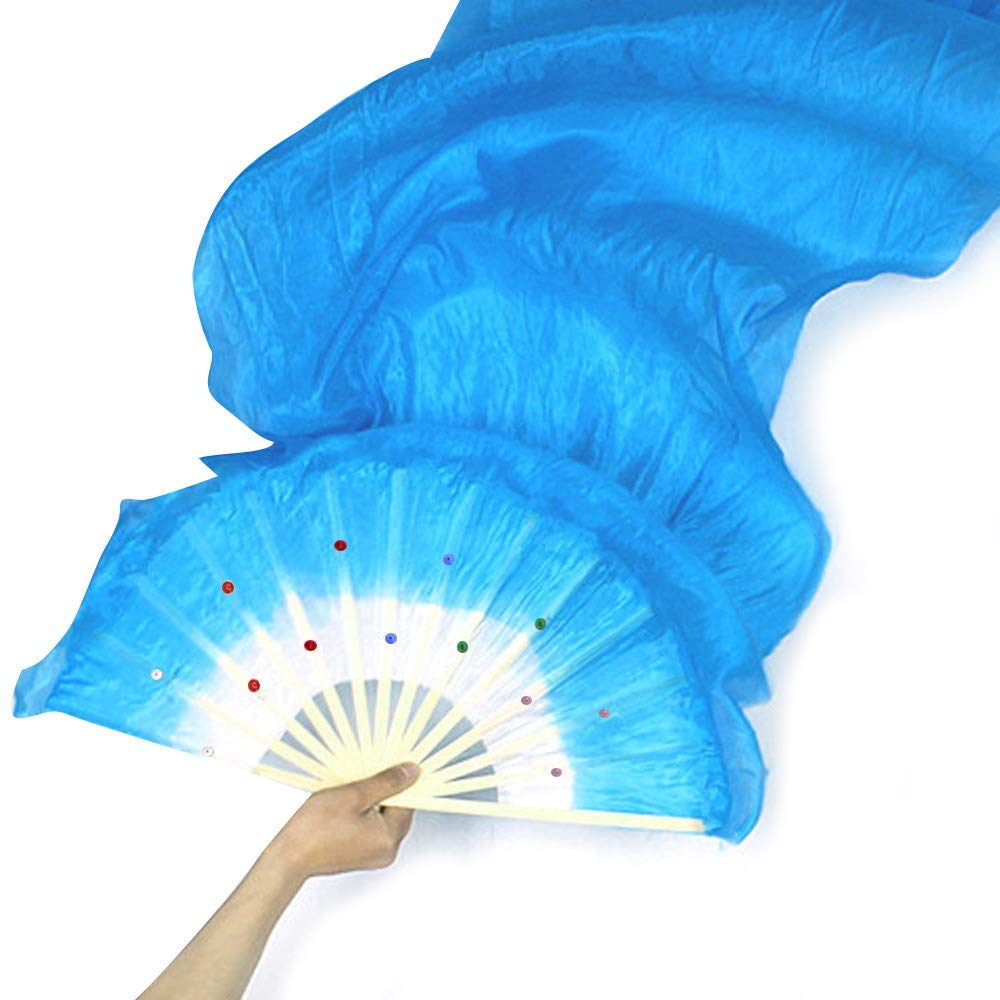 WEISIPU Hand-Made Faux Silk Belly Dance Fan Veils - Bamboo Long Fans Veils Available in 8 Stunning Colors for Dance Performances Right Hand （Blue）