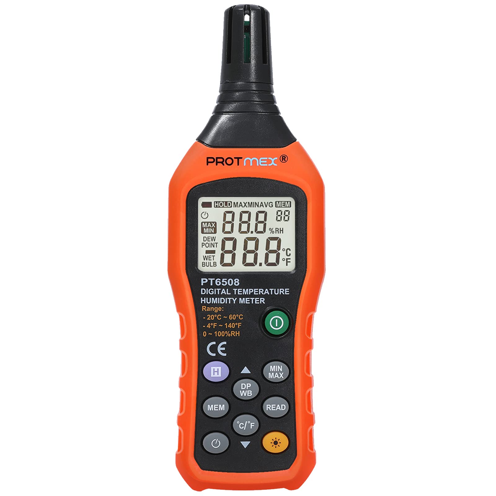 Protmex PT6508 Temperature Humidity Meter, Digital Thermometer Hygrometer Monitor with Ambient, Dew Point, Wet Bulb for Indoor/Outdoor MIN, MAX, Data Hold, LCD Backlight