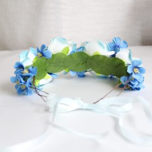 Vivivalue Rose Flower Crown Boho Flower Headband Hair Wreath Floral Headpiece Halo with Ribbon Wedding Party Festival Photos Blue