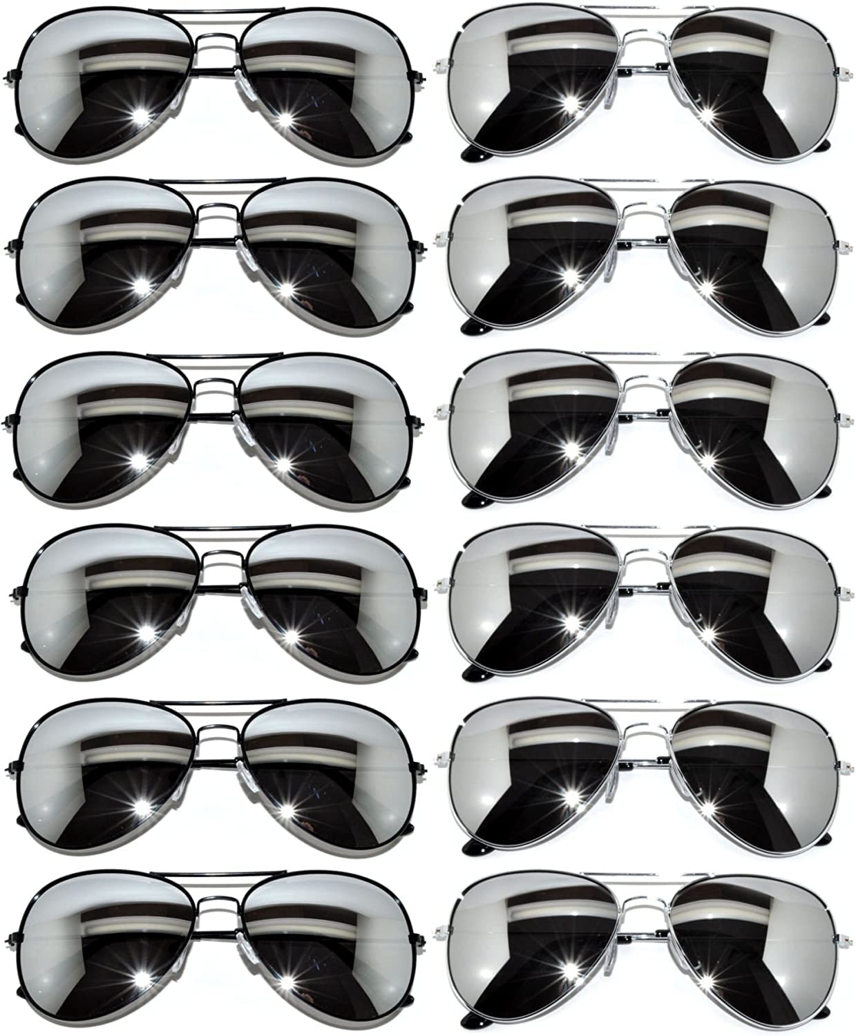 OWL 12 Pack Bulk Aviator Sunglasses Metal Gold, Silver, Black Frame for Men Women Party Glasses